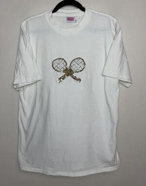 Vintage Whims White T-Shirt Gold Sequin Tennis Rackets Short Sleeve Womens Sz XL